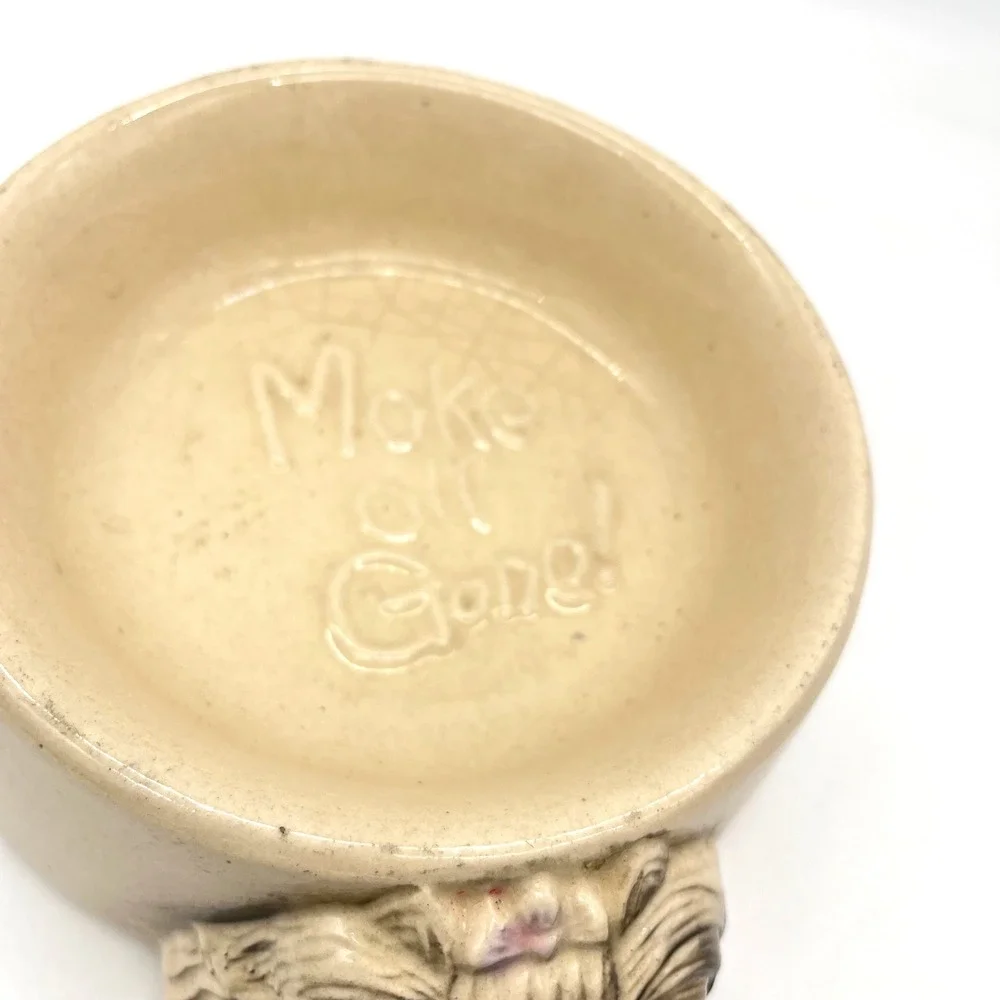 Vintage Ceramic Dog Bowl 3D Face Make All Gone Beige Stoneware
